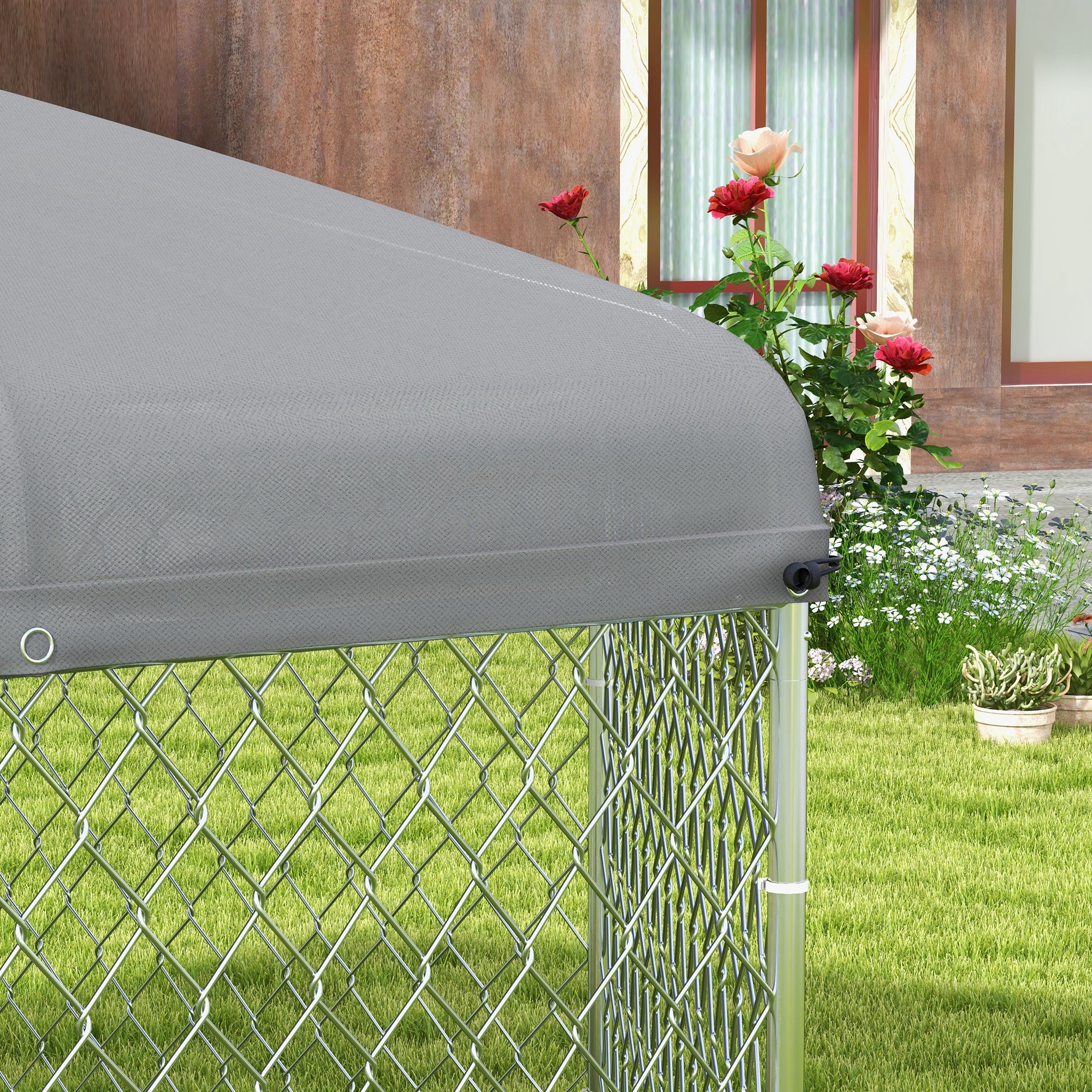 PawHut Large Dog Run with UV-Proof Oxford Fabric Roof, 2.1x1.85x1.5m, Silver and Gray - Borgè