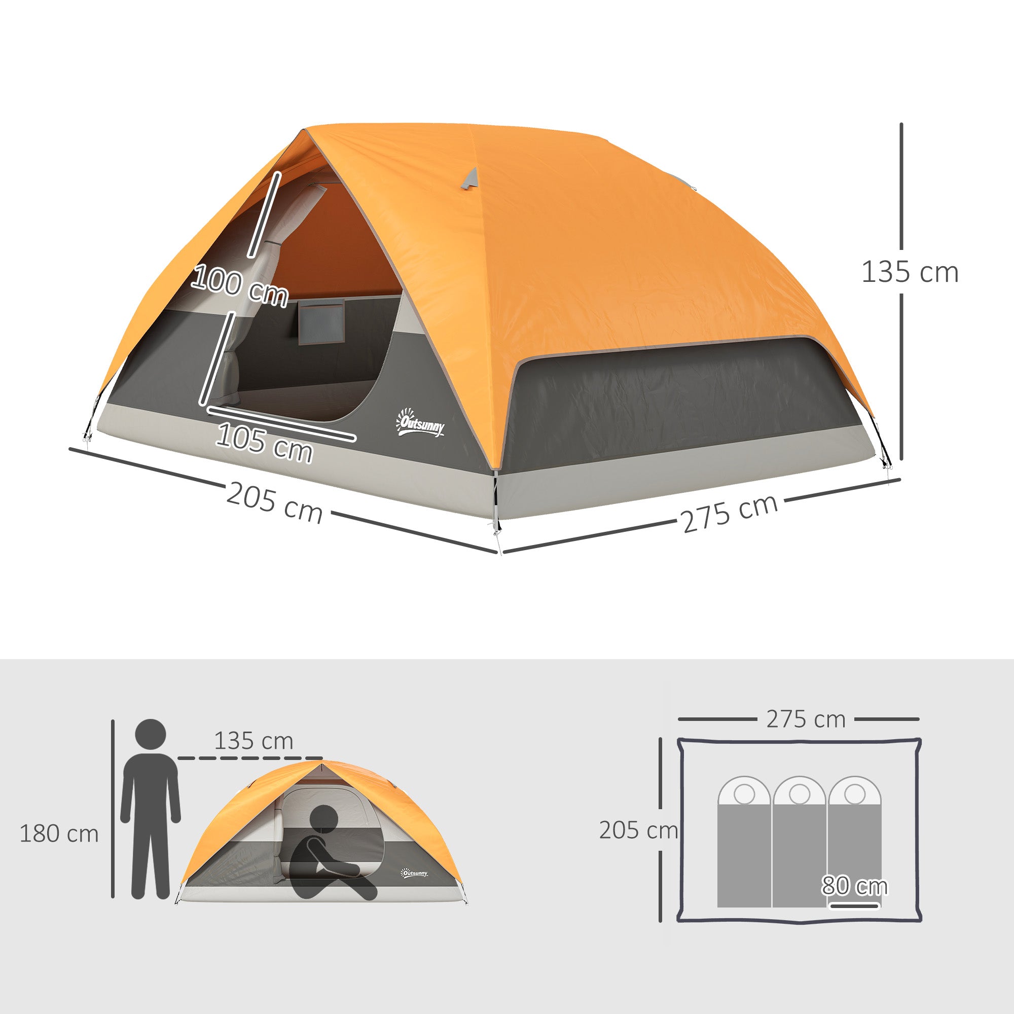 Waterproof 3-Person Camping Tent with Pockets, Lantern Hook and Carry Bag, Orange