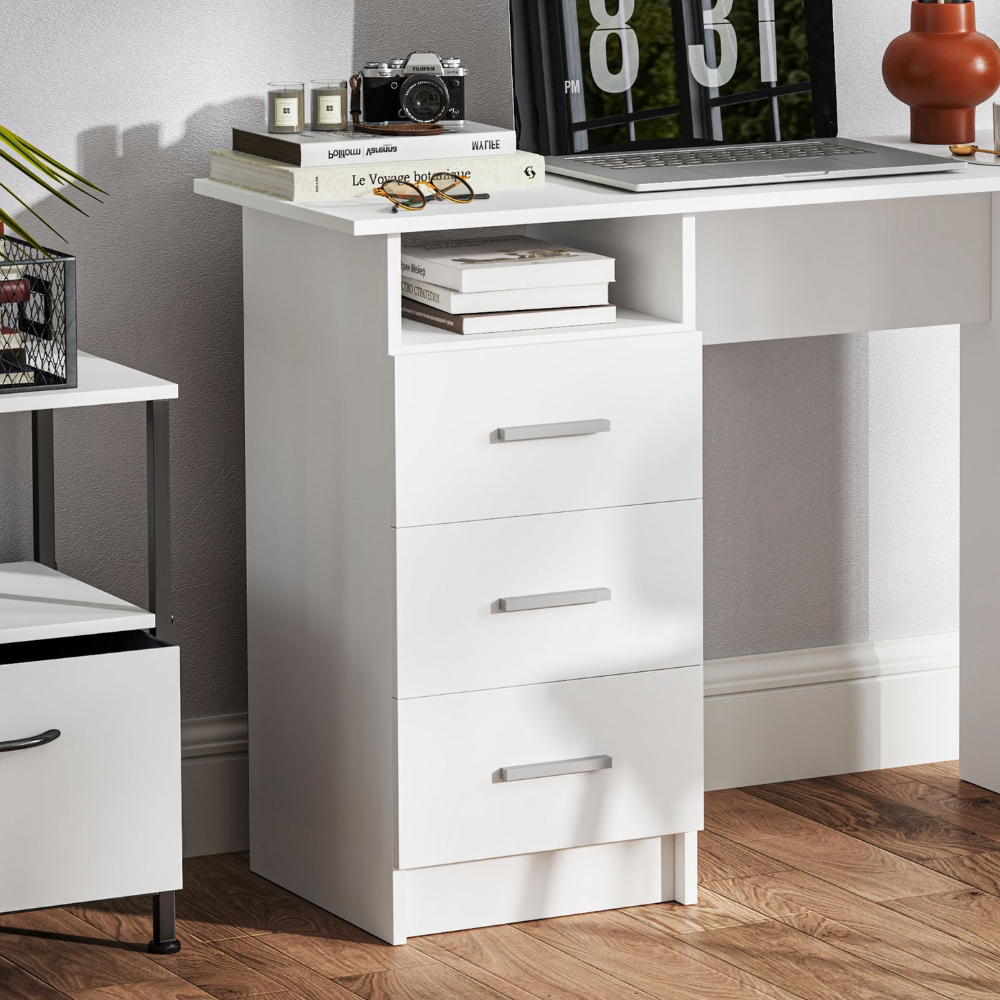 Modern Wooden Desk with 3 Drawers and Open Shelf, 100x40x75 cm, White