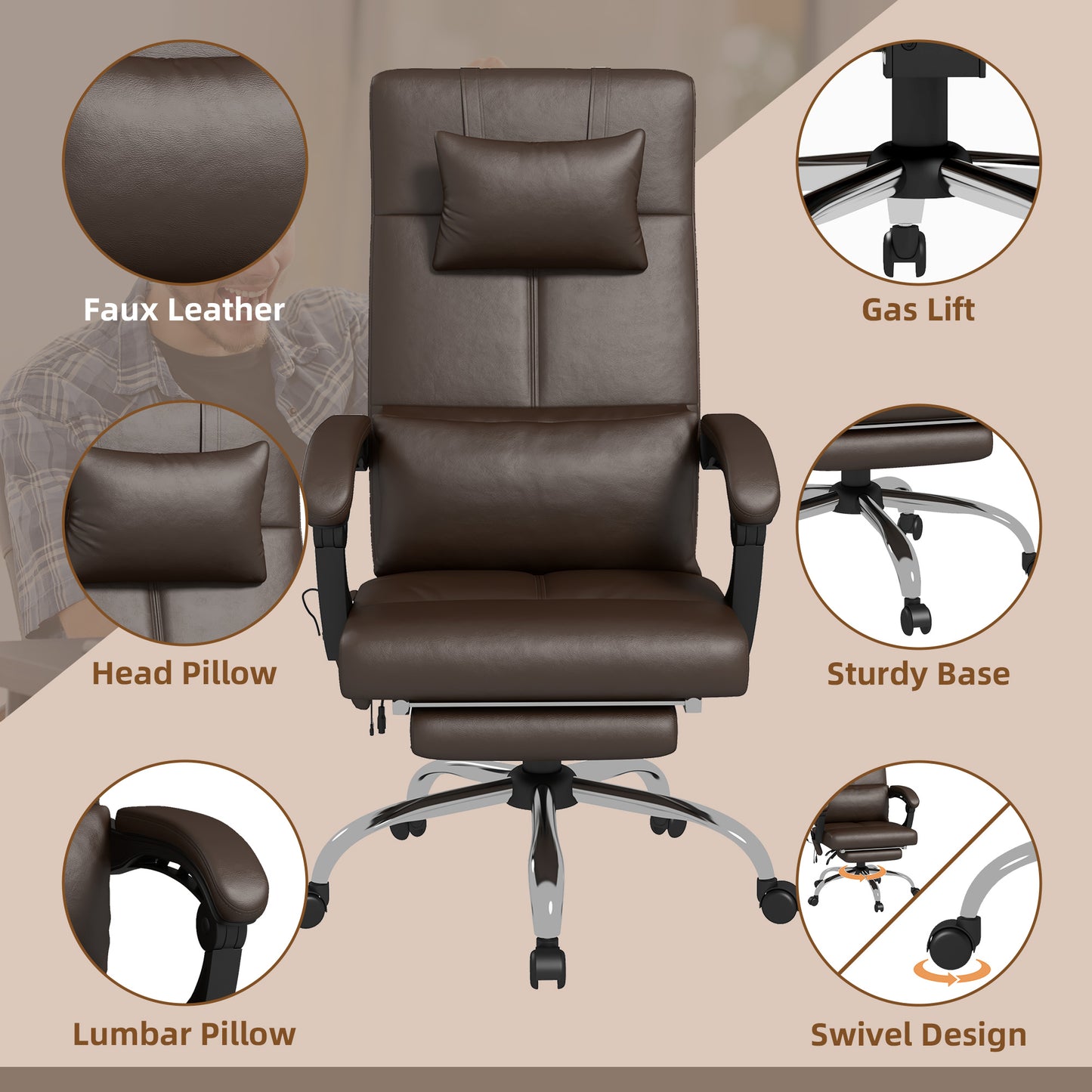 Vivact of office chair massacre with adjustable height with footrests and remote control, 66x67x115-123 cm, brown - Borgè