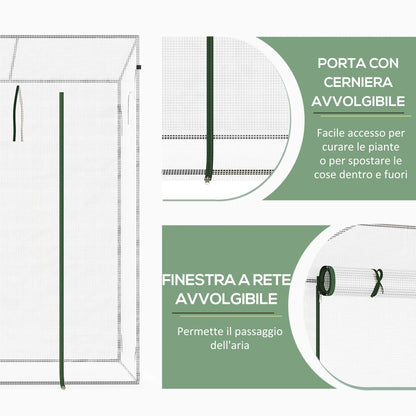 Garden Greenhouse with Roll-Up Door and Extended Edges, in Steel and PE, 200x76x168 cm, White