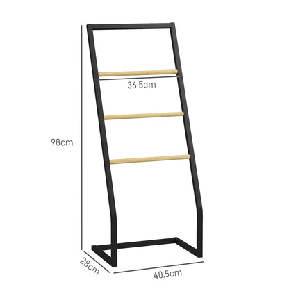 4-Bar Towel Rack in Steel and Bamboo, 40.5x28x98cm, Black and Wood Colour