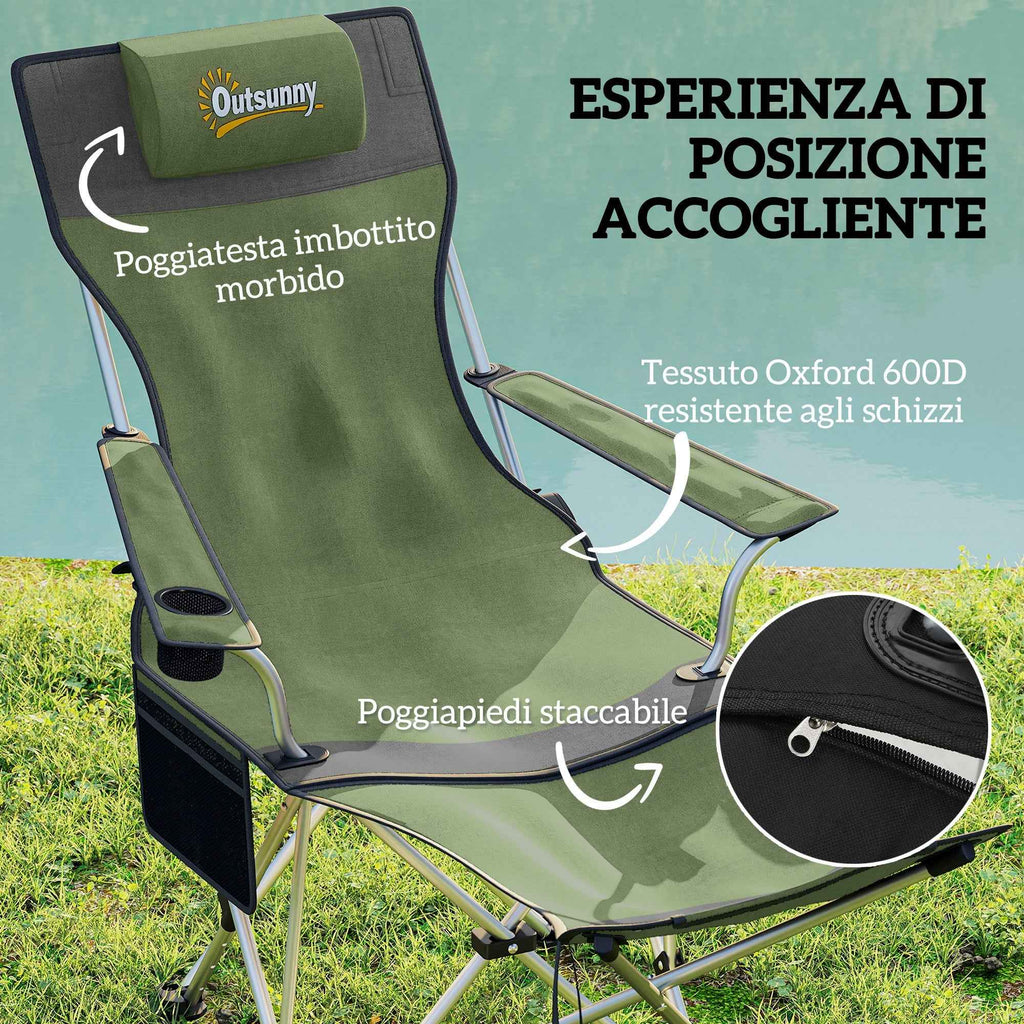 Outsunny Set of 2 Folding Camping Chairs with Footrest and Cup Holder, 82x50/100x88 cm, Green