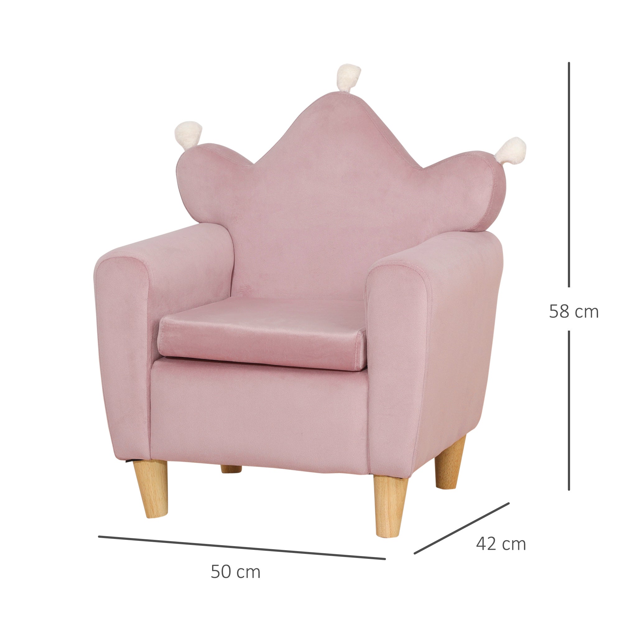 Pink Velvet Fabric Children's Armchair with Crown Backrest, 50.2 x 41.9 x 57.8 cm