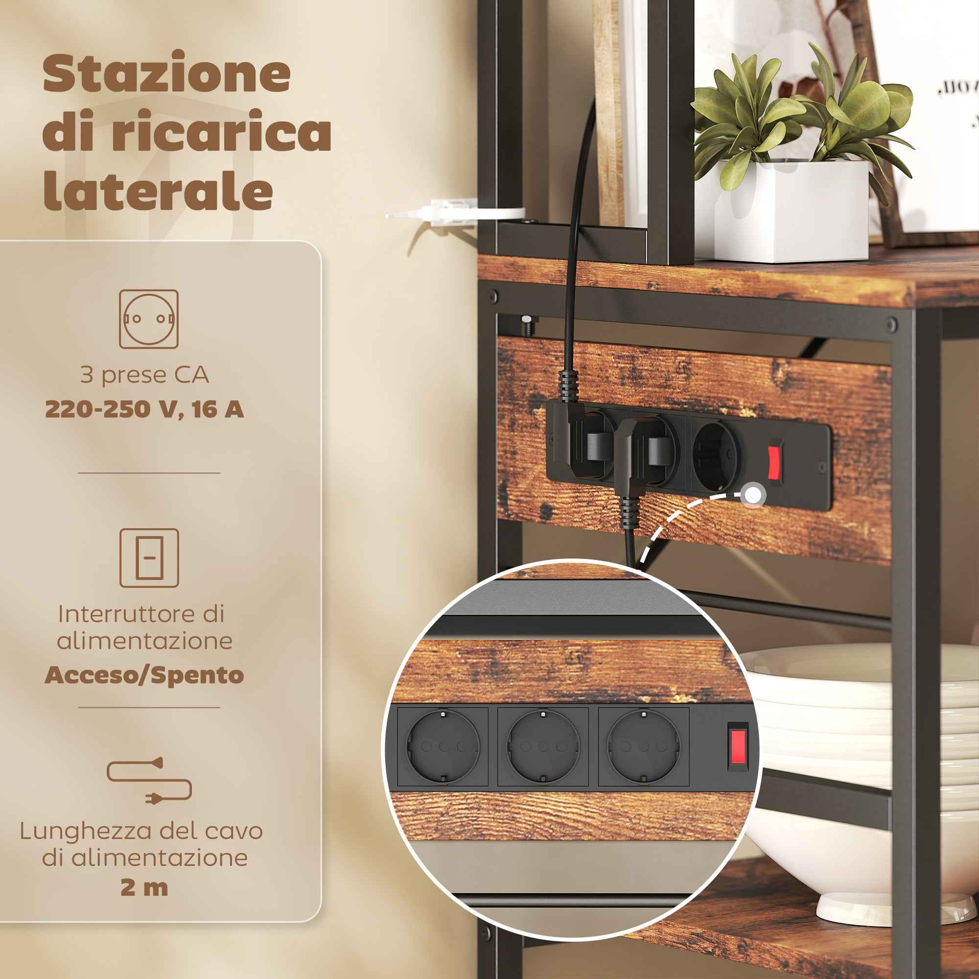 HOMCOM Kitchen Shelf with Charging Station, 5 Shelves and 10 S-Hooks, Wood and Steel, 80x40x170 cm, Brown