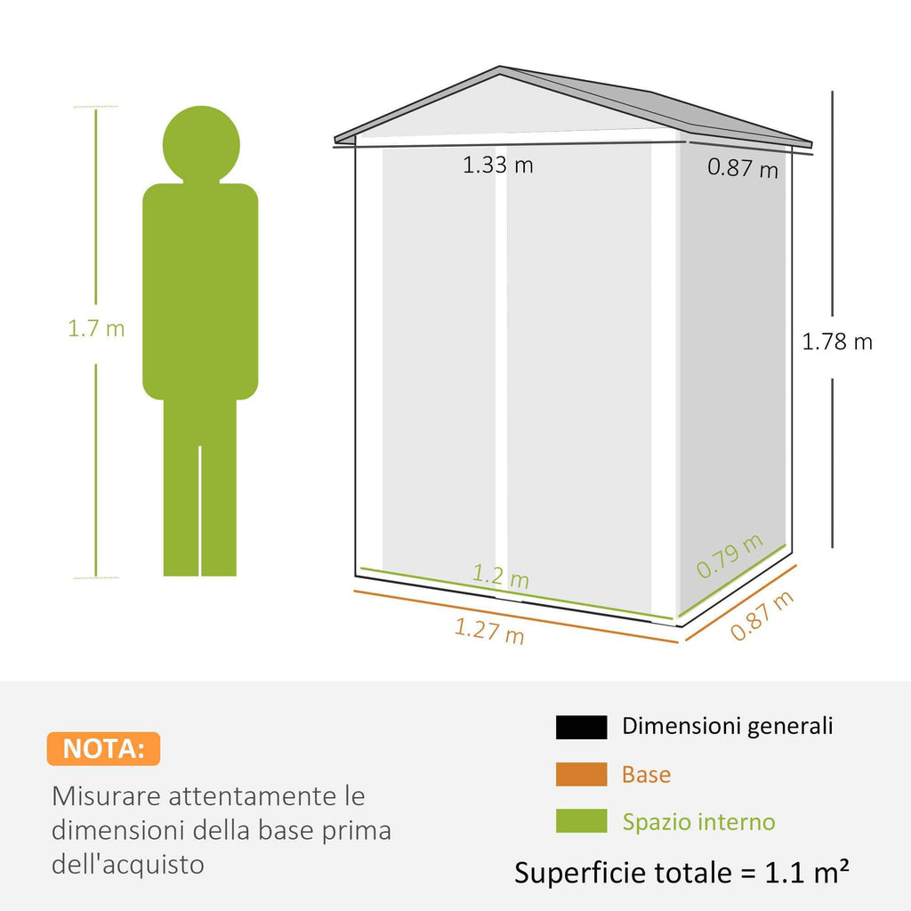 Outsunny 1.1m² Steel Garden Shed with Lockable Double Doors, 133x87x178cm, Silver Grey