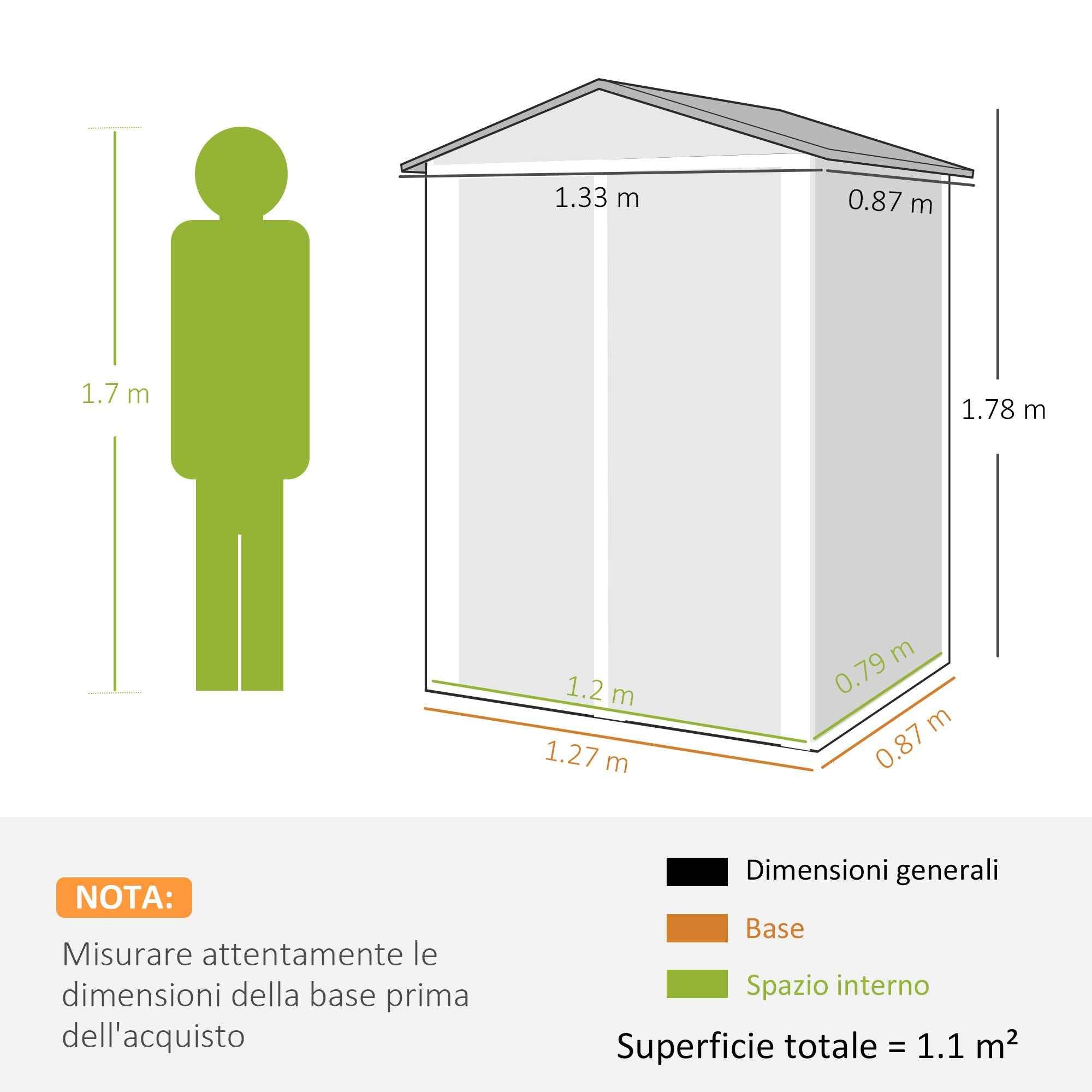 Outsunny 1.1m² Steel Garden Shed with Lockable Double Doors, 133x87x178cm, Silver Grey