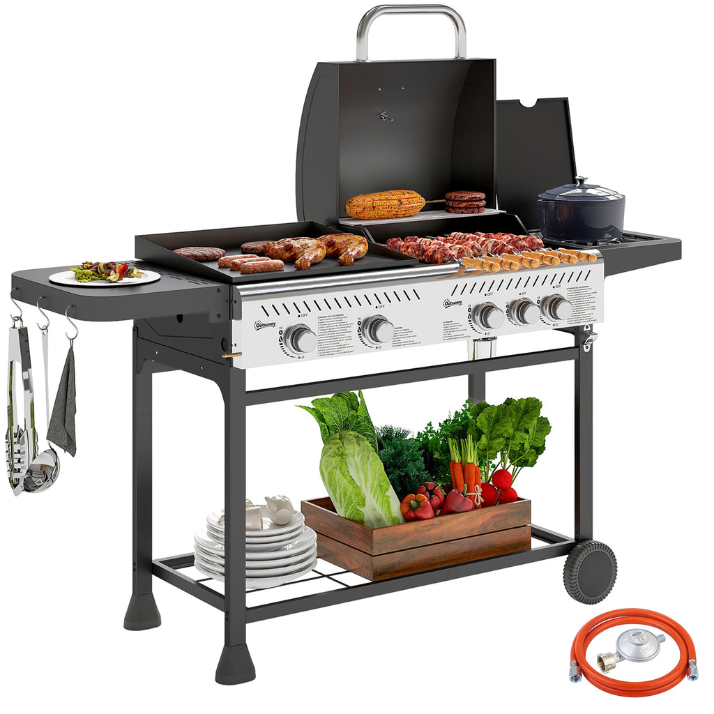 Gas Barbecue with Plate and Burner, Lid with Thermometer and Shelves, Regulator and Tube Included, Black
