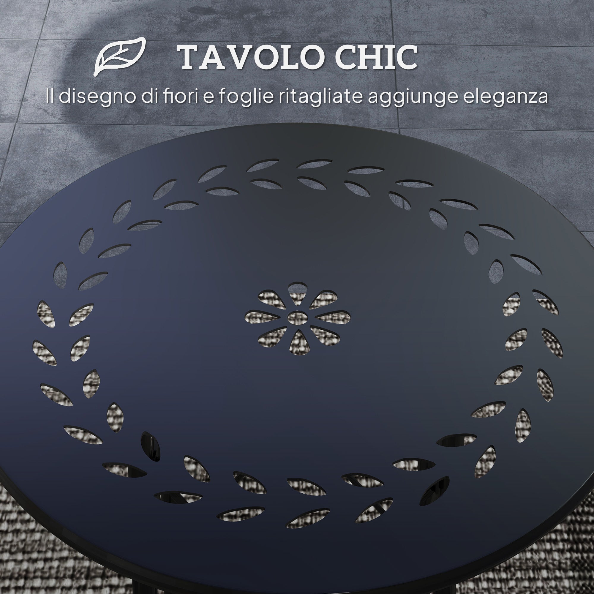 Garden Coffee Table with Carvings of Flowers and Leaves, Outdoor and Indoor Table, Ø40x50 cm, Black
