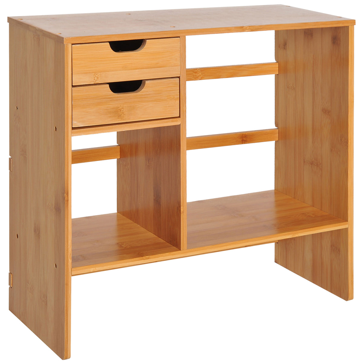 HOMCOM Bamboo Desk Organizer with 2 Drawers, Multifunctional Stationery and Document Holder with Shelves, Reversible Use