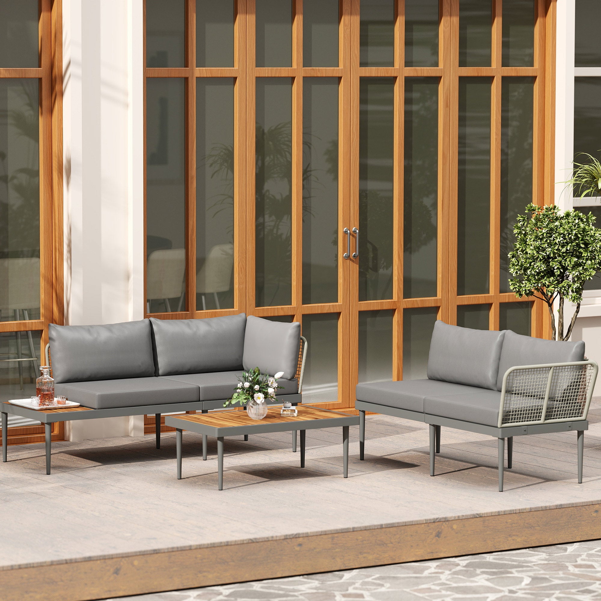 3 Piece Outdoor Set with 2 2-Seater Sofas and Coffee Table, in Rattan and Steel Grey and Wood Color