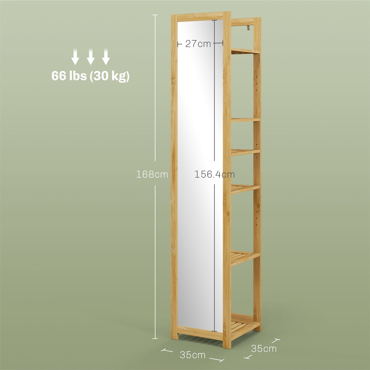 Bathroom Shelf with Mirror and 6 Bamboo Slatted Shelves, 35x35x168cm, Wood Color