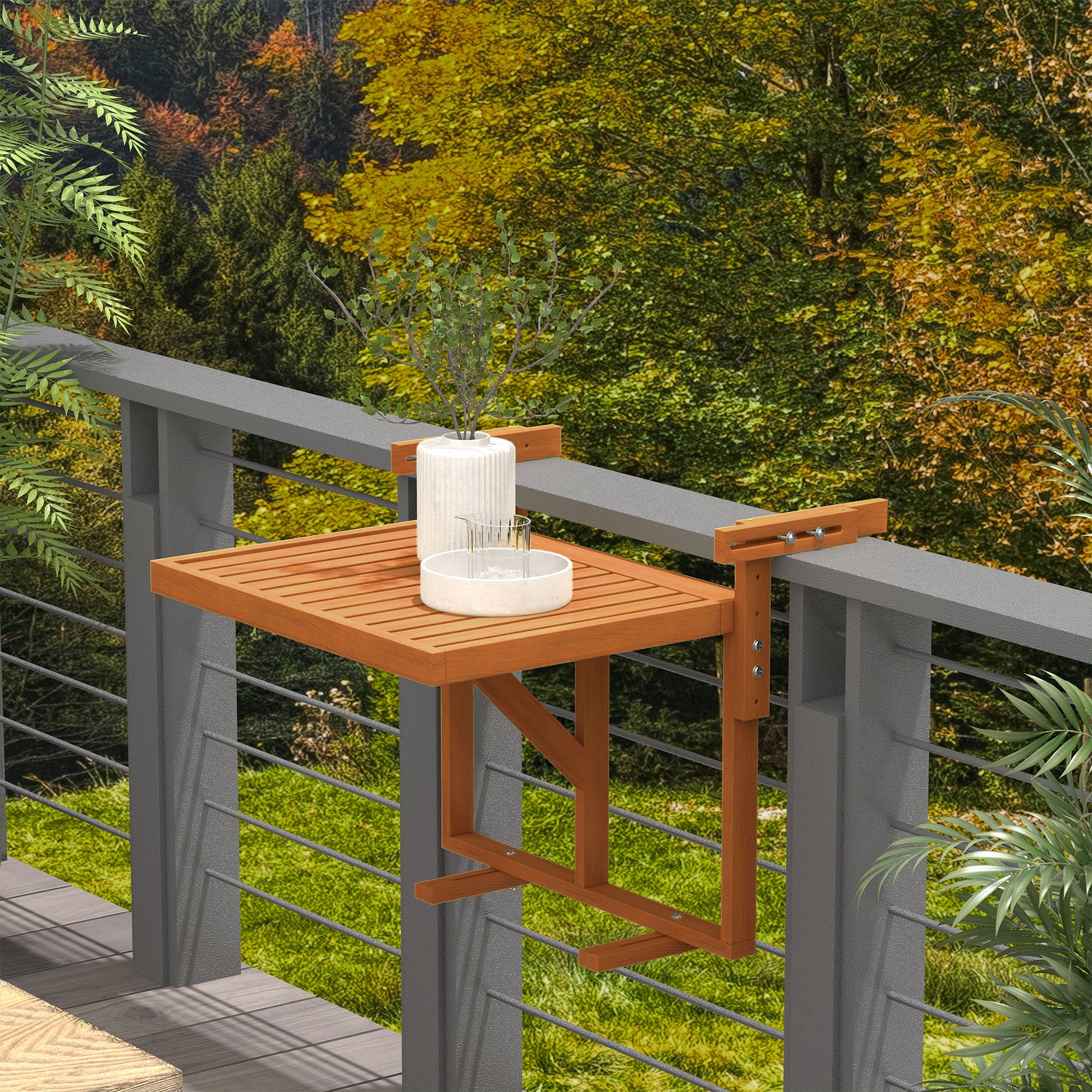 Folding and Adjustable Balcony Railing Table in Wood, Teak Colour - Borgè