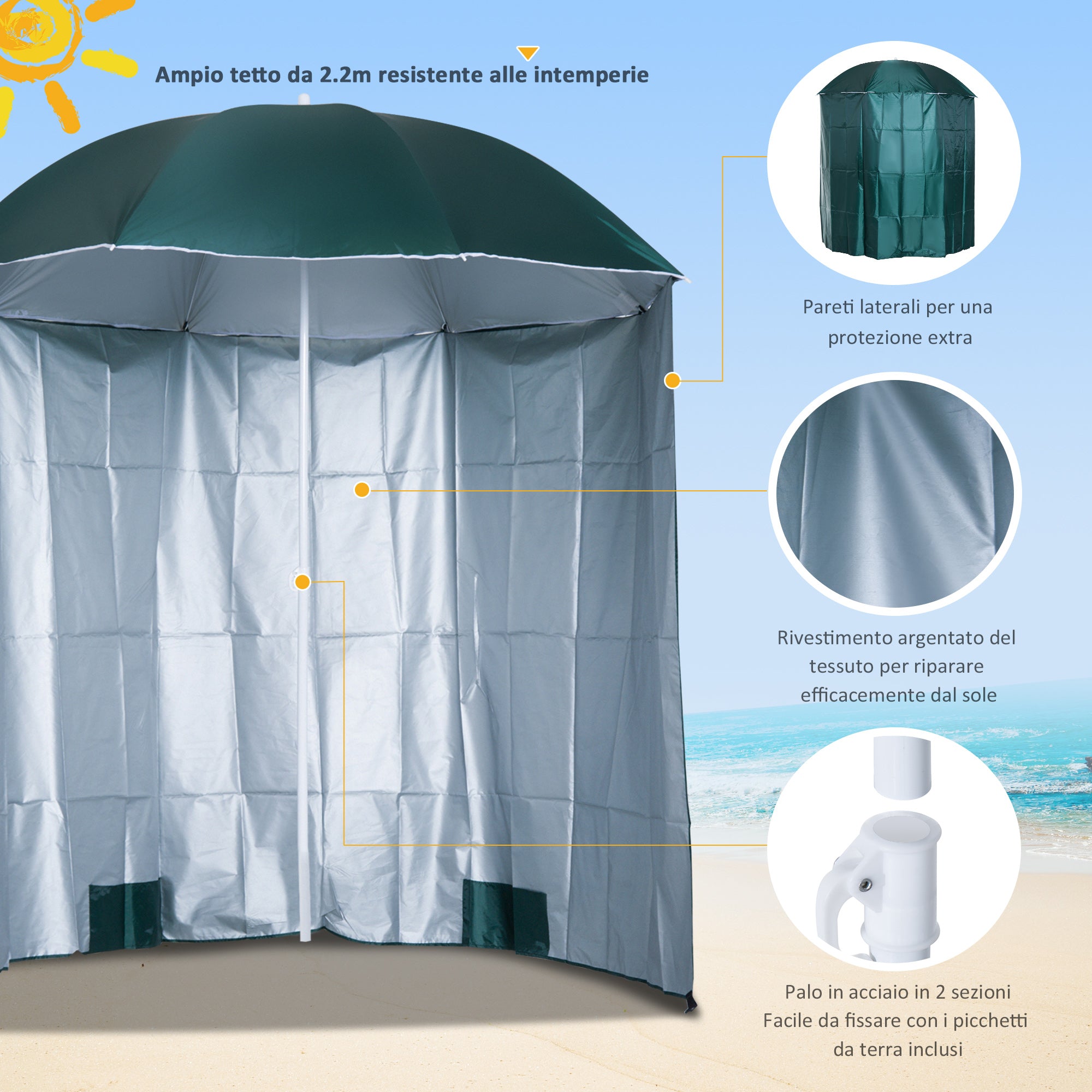 Outsunny 2x2m Beach and Garden Umbrella with Awning, Polyester and Metal, Green and White