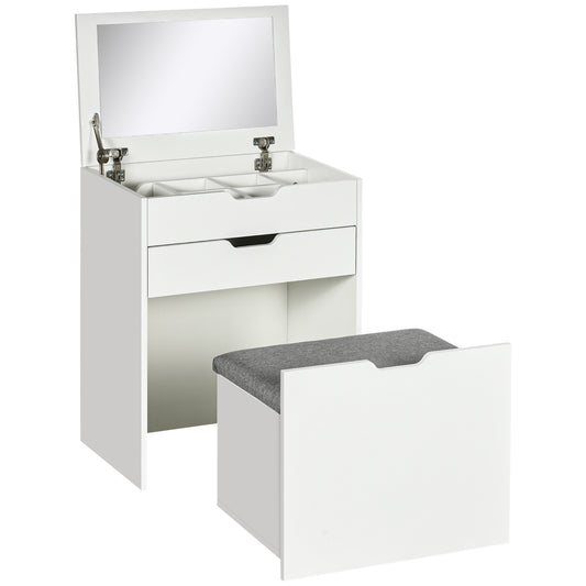 CAMELE | Bedroom dressing table with mirror, drawer and matching stool in wood, white