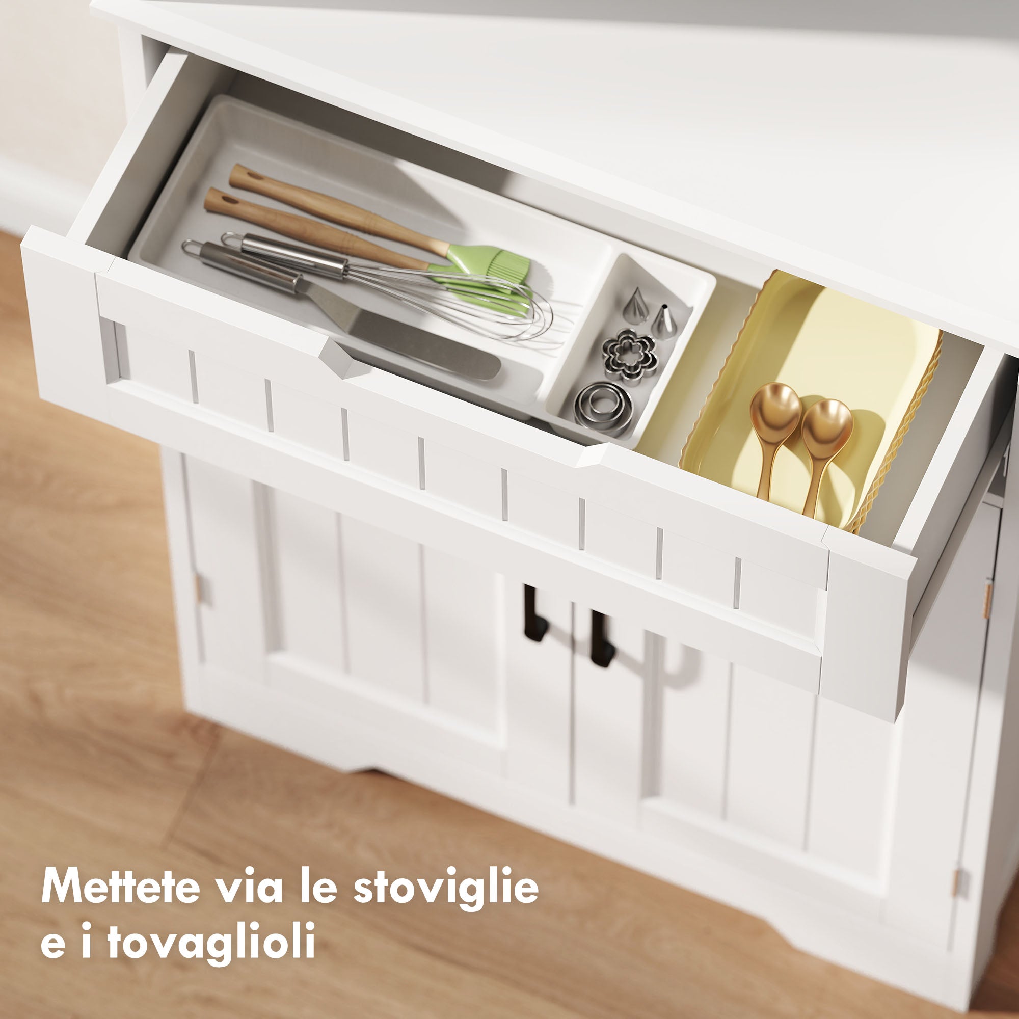 Kitchen Sideboard with 2 Cabinets and Drawer, Open Center Top and Adjustable Shelves, White