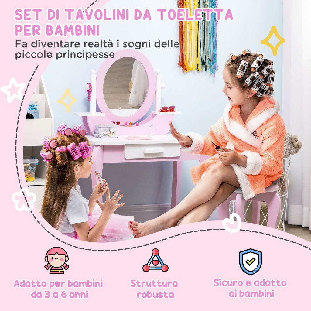 Kids Makeup Dressing Table Set with Mirror Table and Stool, Ages 3-6 Years, Pink
