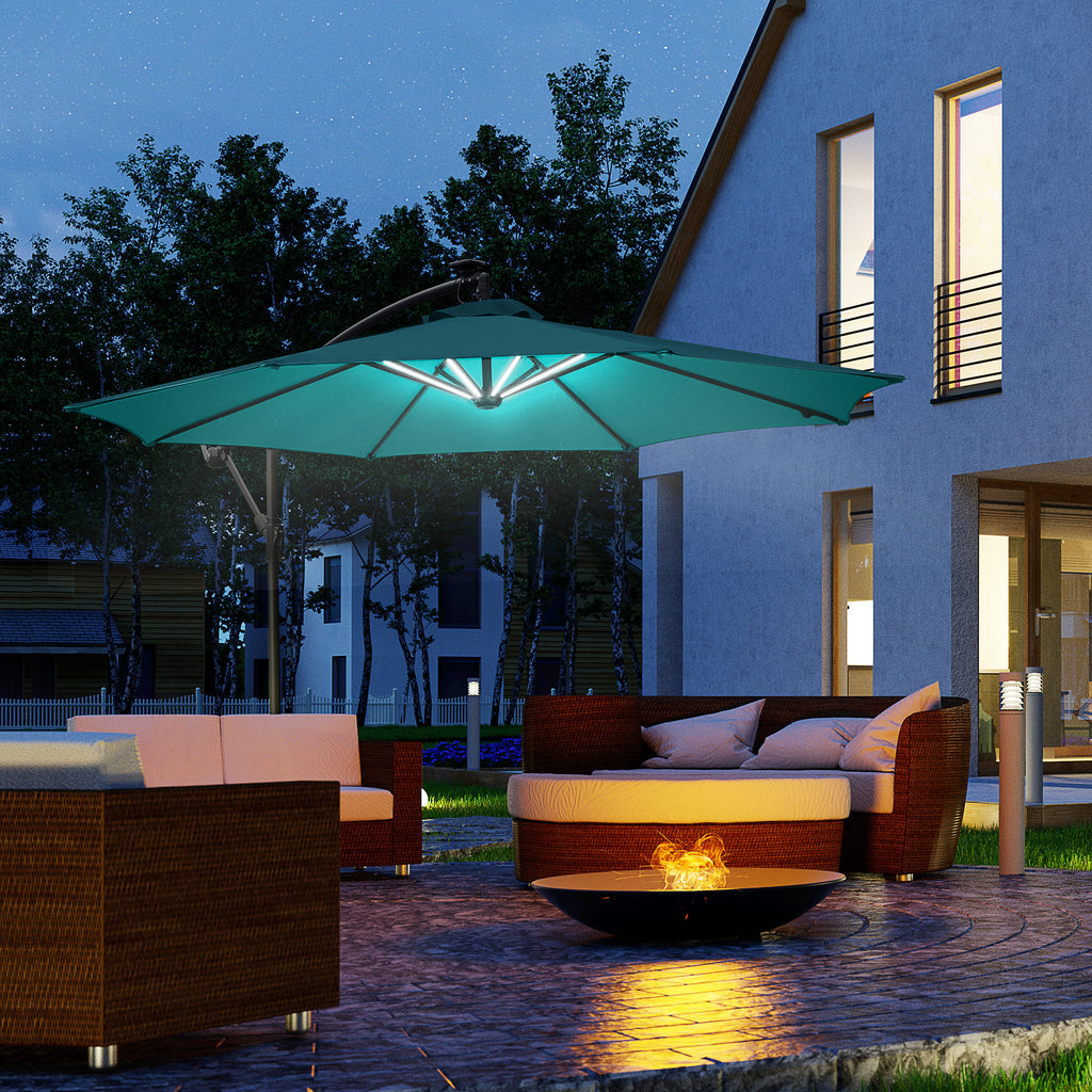 Garden Umbrella Ø3x2.5 m with Crank Arm and 8 Solar-Powered LED Strips, Green