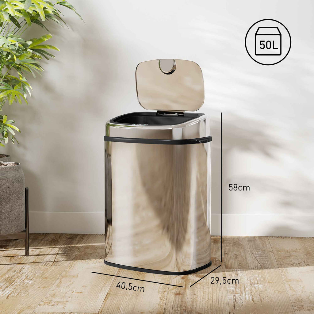 HOMCOM 50L Stainless Steel Infrared Sensor Trash Can with 2 Opening Modes, Silver