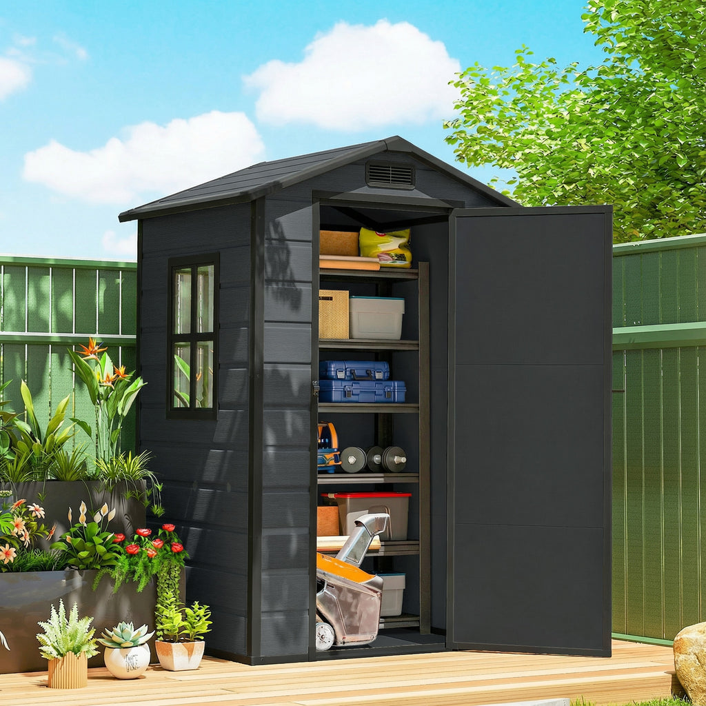 Outsunny 2-Door Tool Shed with Windows and Air Vents, PP and Aluminum, 128x104x196 cm, Dark Gray
