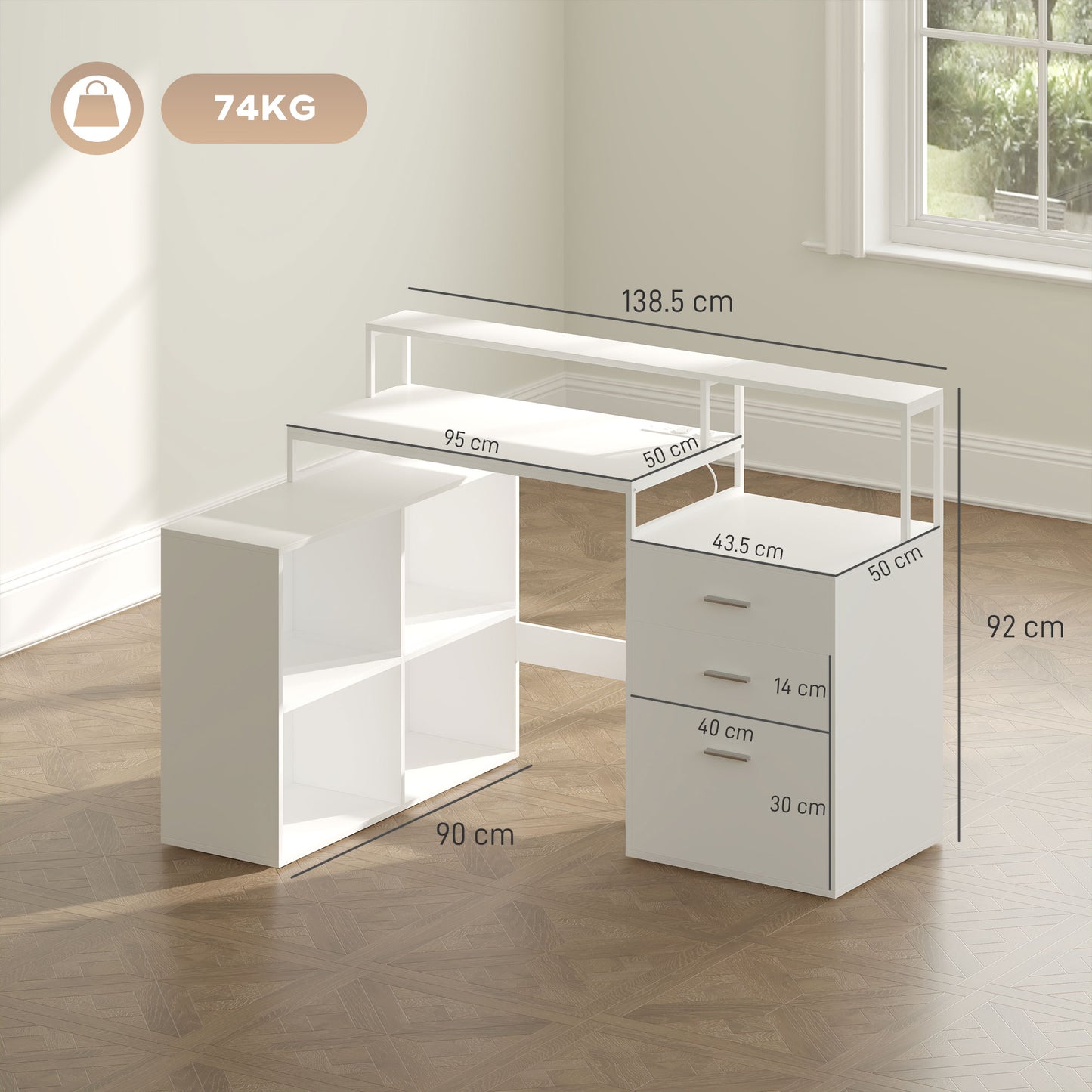 Office Desk with 2 Tables, 4 Shelves, 3 Drawers and Monitor Stand, Wooden, 138.5x90x92 cm, White