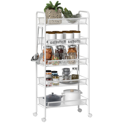 5-Tier Space-Saving Kitchen Cart with Steel Mesh Baskets, 45x26.5x106cm, White