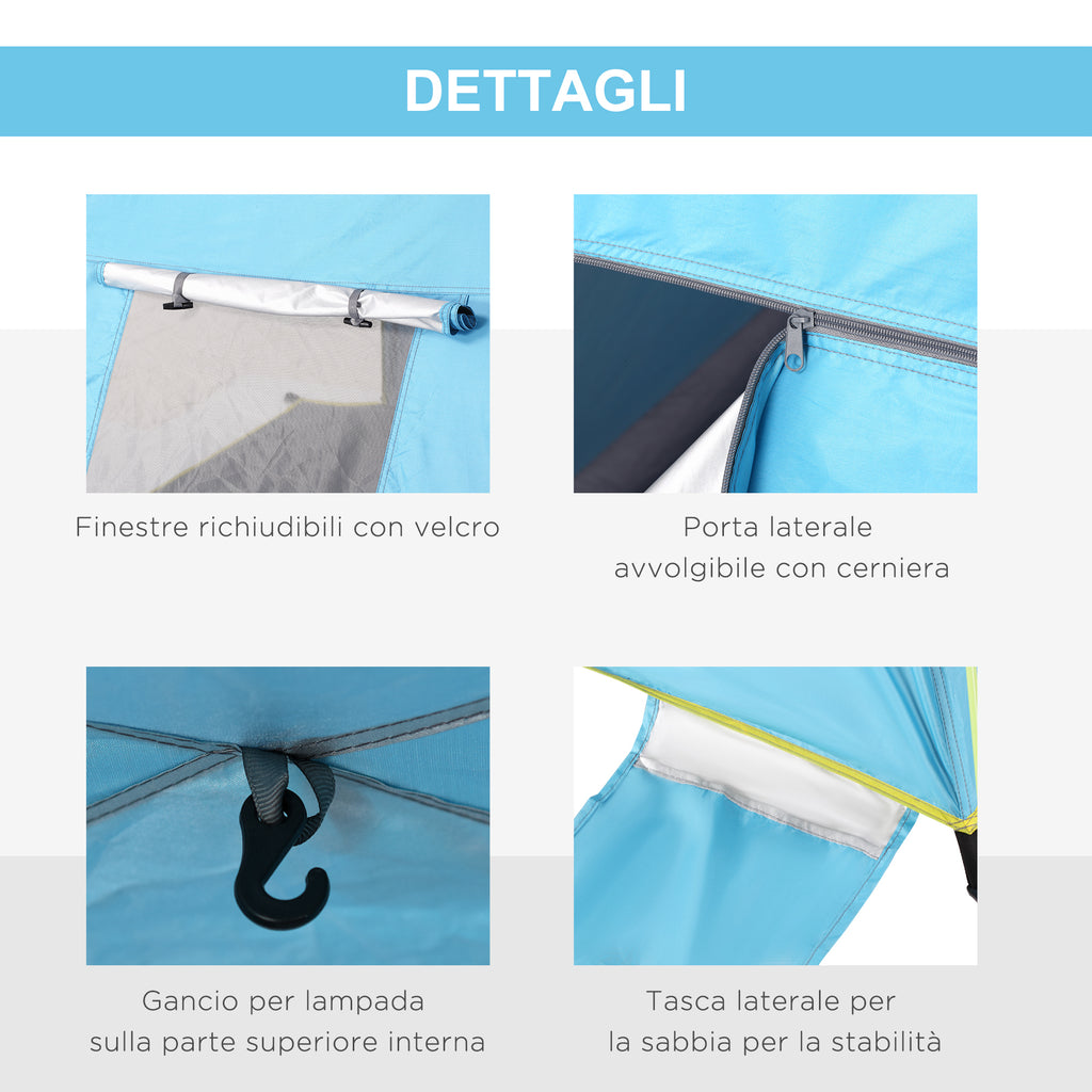 Pop Up Beach Tent with Zipper Door, in Polyester and Fiberglass, 220x173x120 cm, Light Blue and Yellow