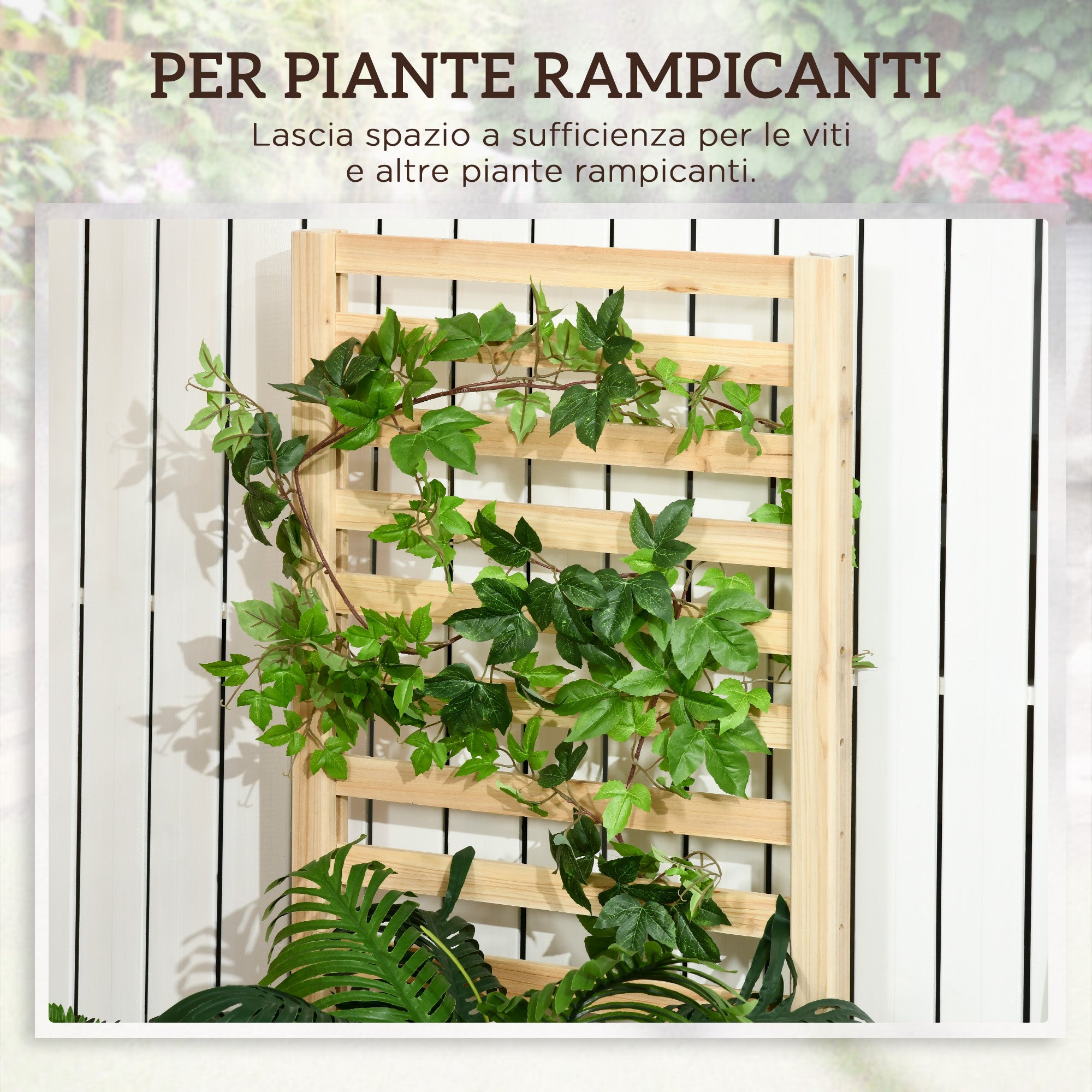 Planter with Trellis for Climbing and Open Bottom, in Fir Wood, 230x60x110 cm, Wood color