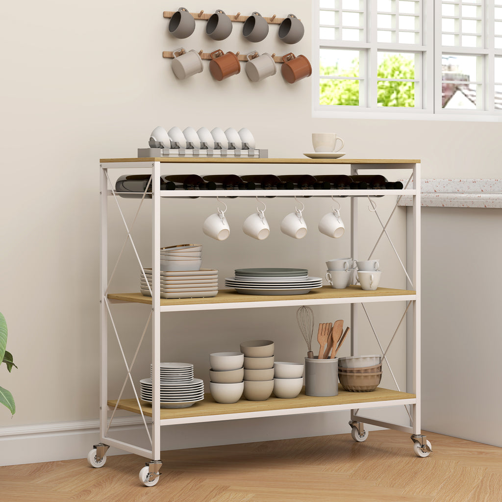 4-Tier Serving Trolley with Bottle Holder and 5 Removable Hooks, Wood and Metal, 96.5x38x96.7 cm