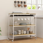 4-Tier Serving Trolley with Bottle Holder and 5 Removable Hooks, Wood and Metal, 96.5x38x96.7 cm