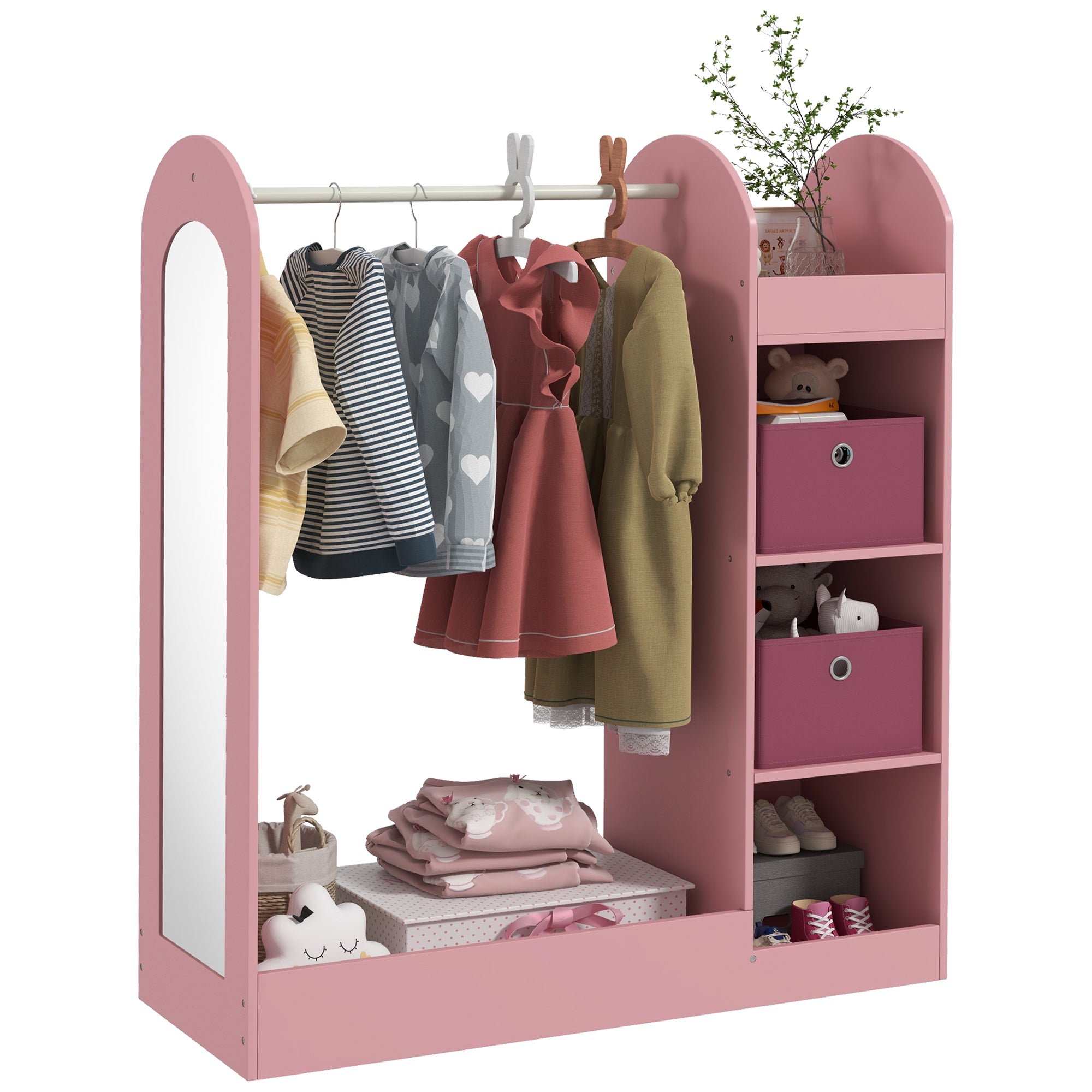 Children's Coat Rack Open Wardrobe with Shelves, Boxes, and Wooden Mirror, Pink