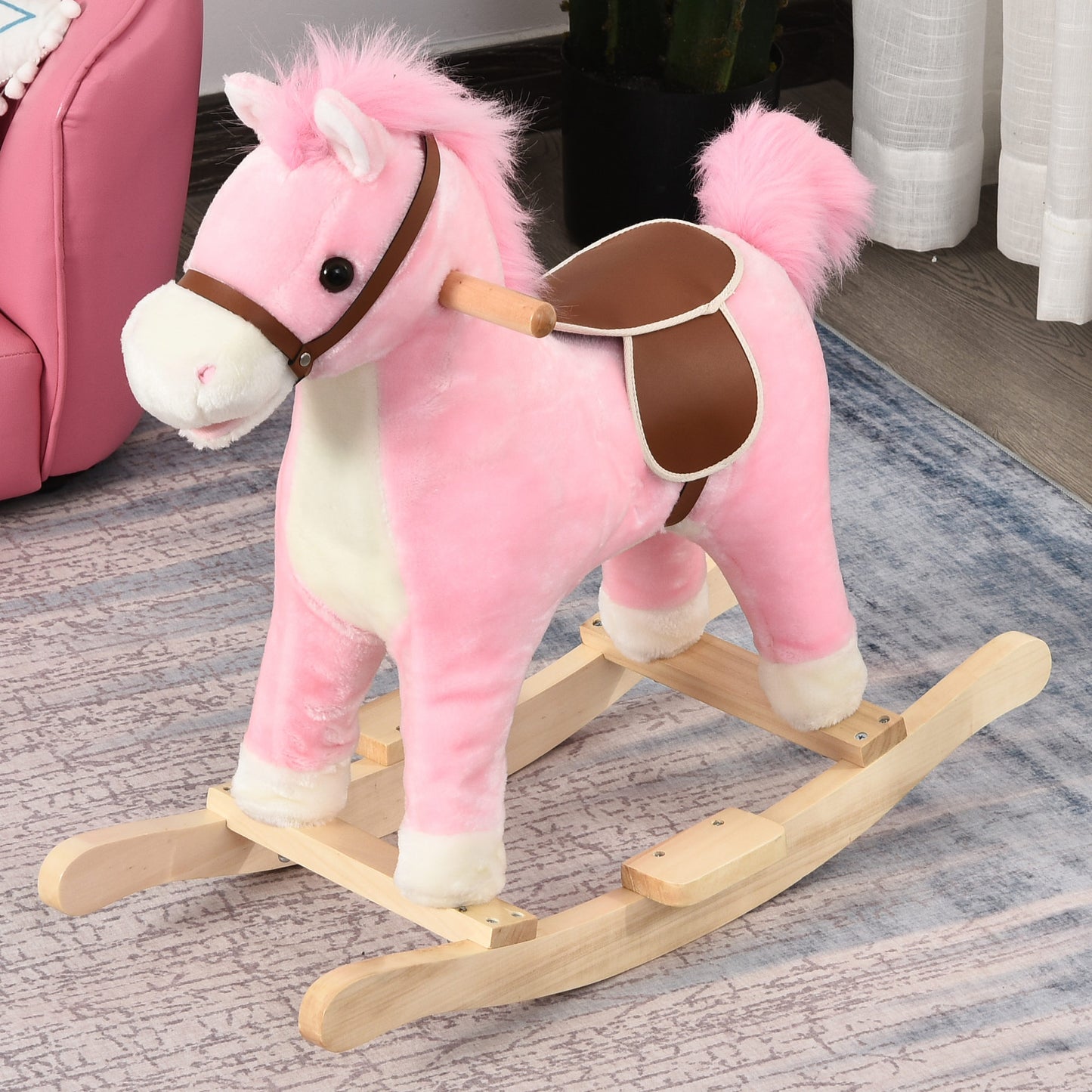 HOMCOM Wooden Rocking Horse Toy with Realistic Sounds for Children 36-72 Months, Includes 2 AA Batteries, Pink