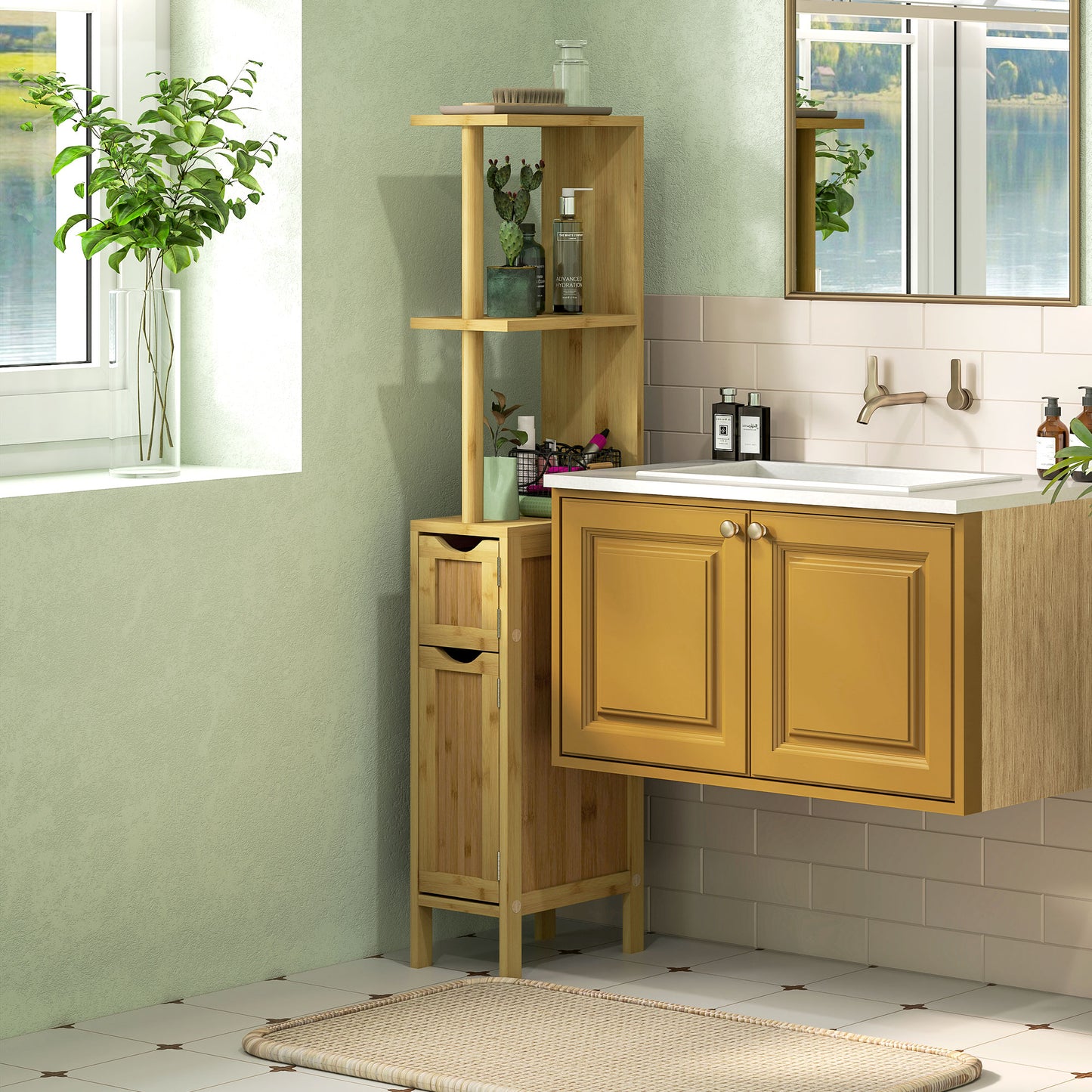 Bathroom Column with Open Shelves and Cabinets with Magnetic Doors, 18x30x120 cm, Wood Color