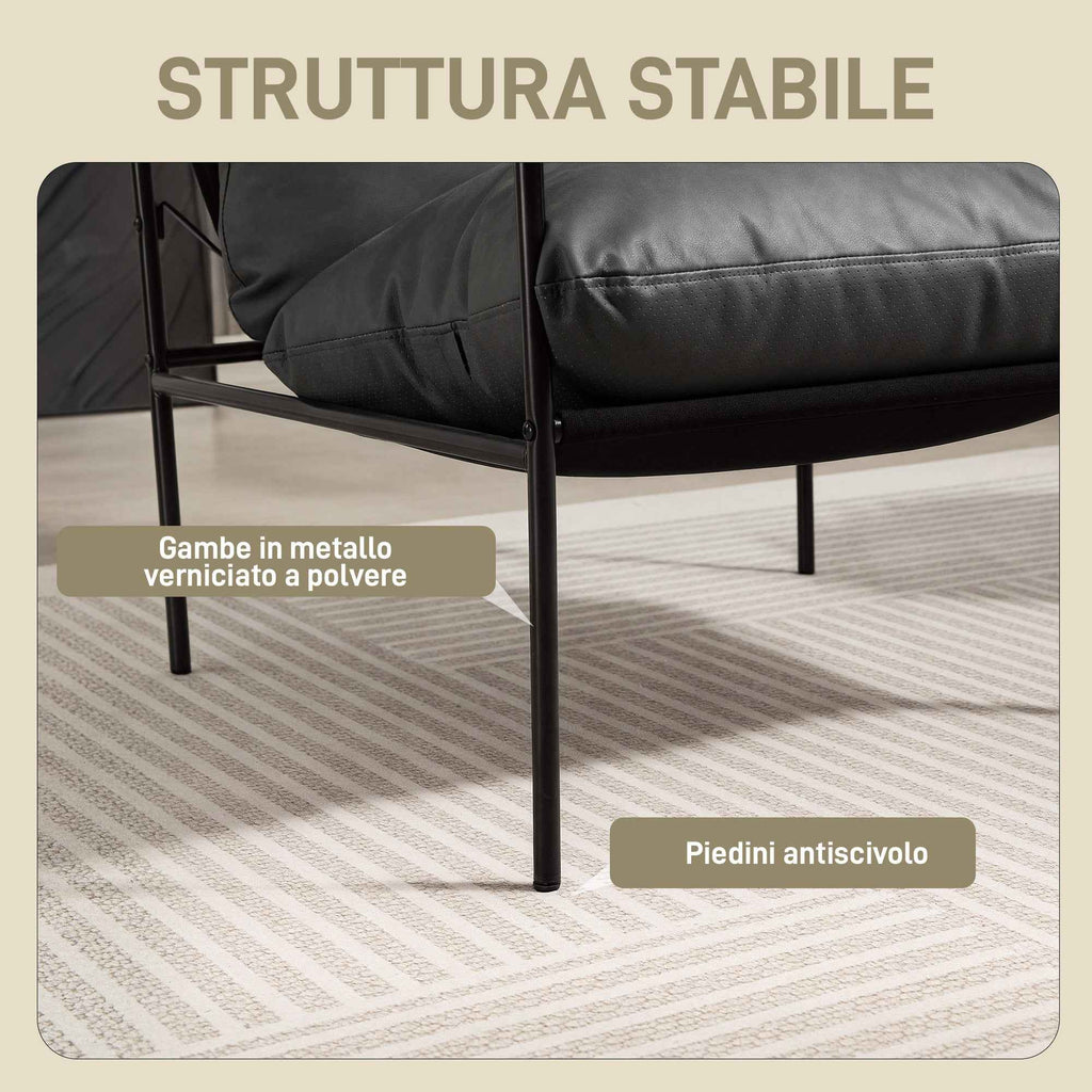 HOMCOM PU Leather Metal Frame Lounge Chair with Thick Cushions, 74.5 x 75 x 77 cm, Charcoal Grey