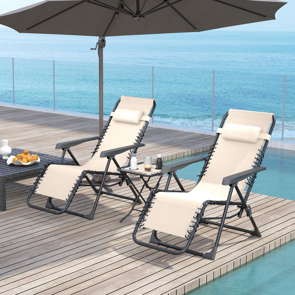 Set of 2 Folding Zero Gravity Deck Chairs with Adjustable Backrest and Table, Beige