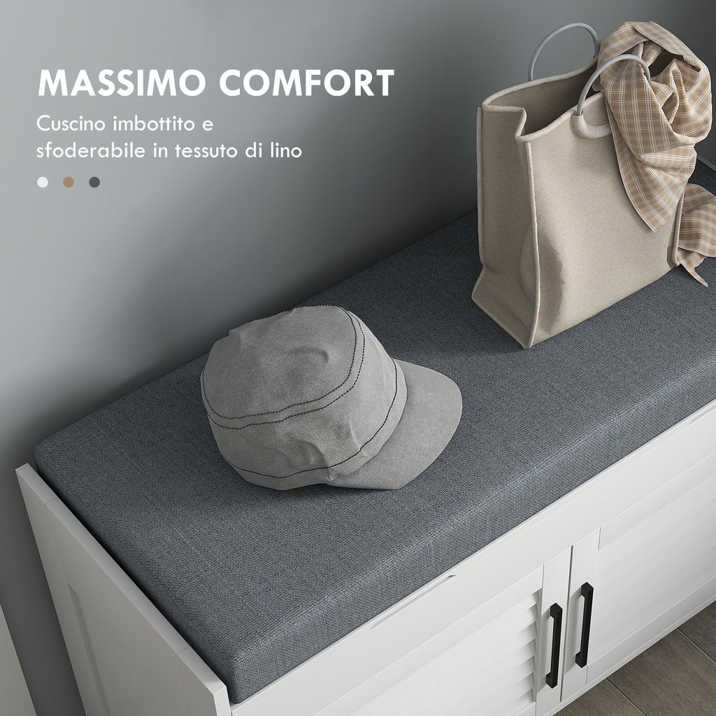 Shoe Bench with Adjustable Internal Shelf on 3 Levels, in MDF and Faux Linen, 90x36x50 cm, White and Grey