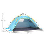 Pop Up Beach Tent with Zipper Door, in Polyester and Fiberglass, 220x173x120 cm, Light Blue and Yellow