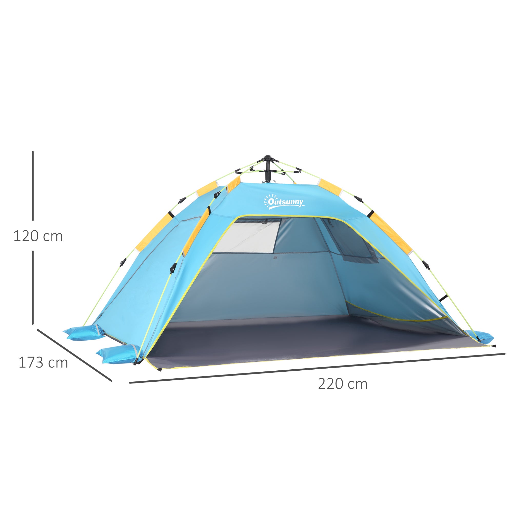 Pop Up Beach Tent with Zipper Door, in Polyester and Fiberglass, 220x173x120 cm, Light Blue and Yellow