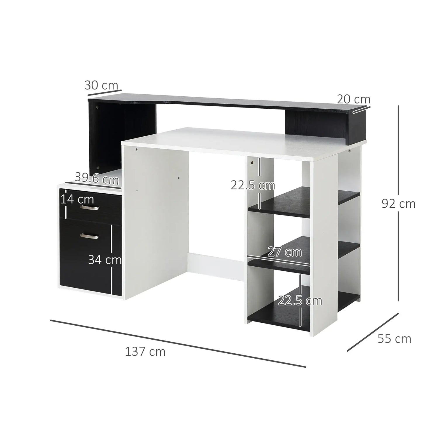 Office Desk with Printer Shelf, 2 Drawers and 3 Shelves, in Black and White MDF, 137 x 55 x 92cm