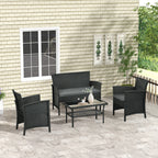 PE Rattan Outdoor Lounge with Sofa, 2 Armchairs with Cushions and Glass Coffee Table, Black and Gray - Borgè