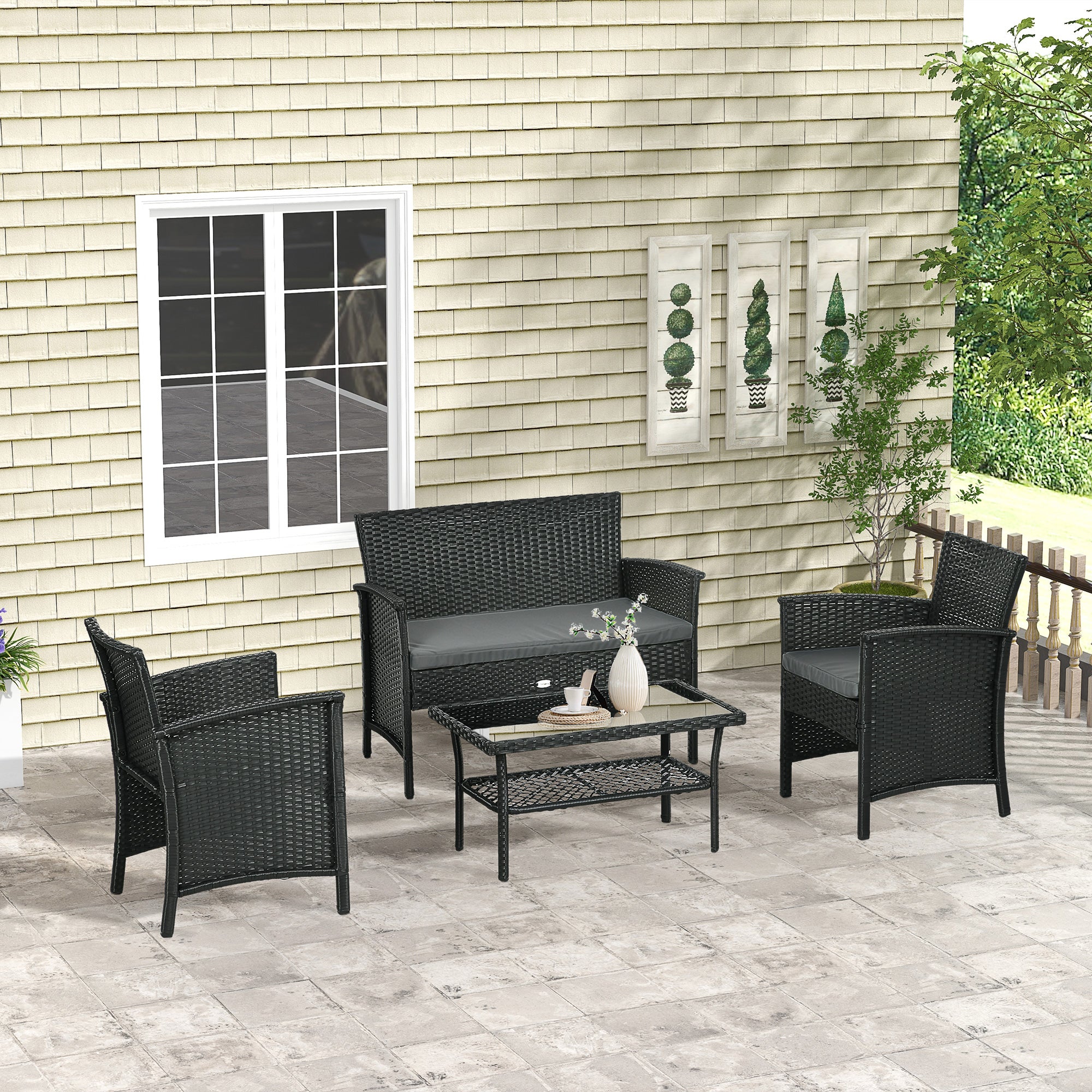 PE Rattan Outdoor Lounge with Sofa, 2 Armchairs with Cushions and Glass Coffee Table, Black and Gray - Borgè