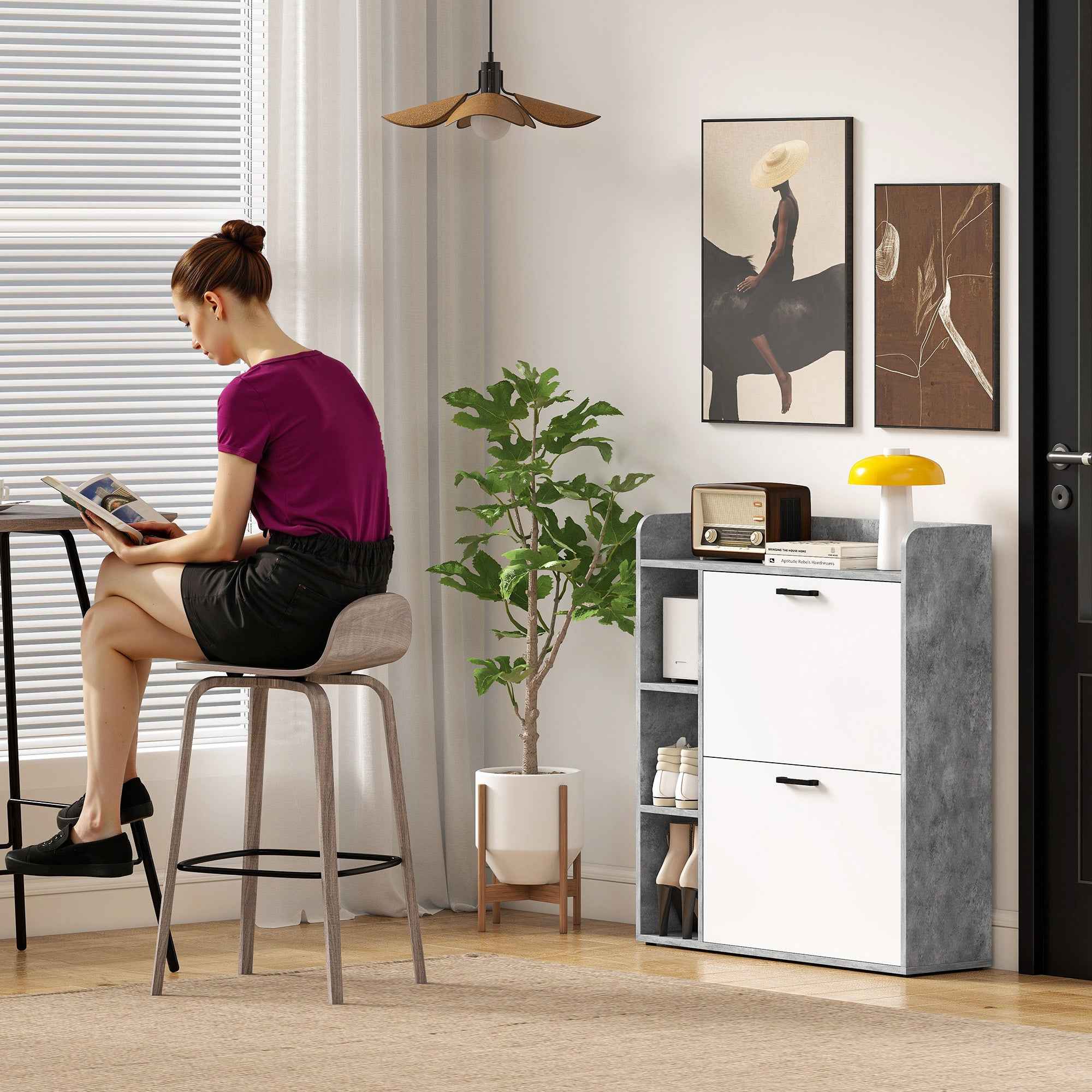 HOMCOM Slim Shoe Rack with 2 Tilting Drawers and 3 Open Compartments, Capacity 15 Shoes, 83x24x90.5 cm, Grey