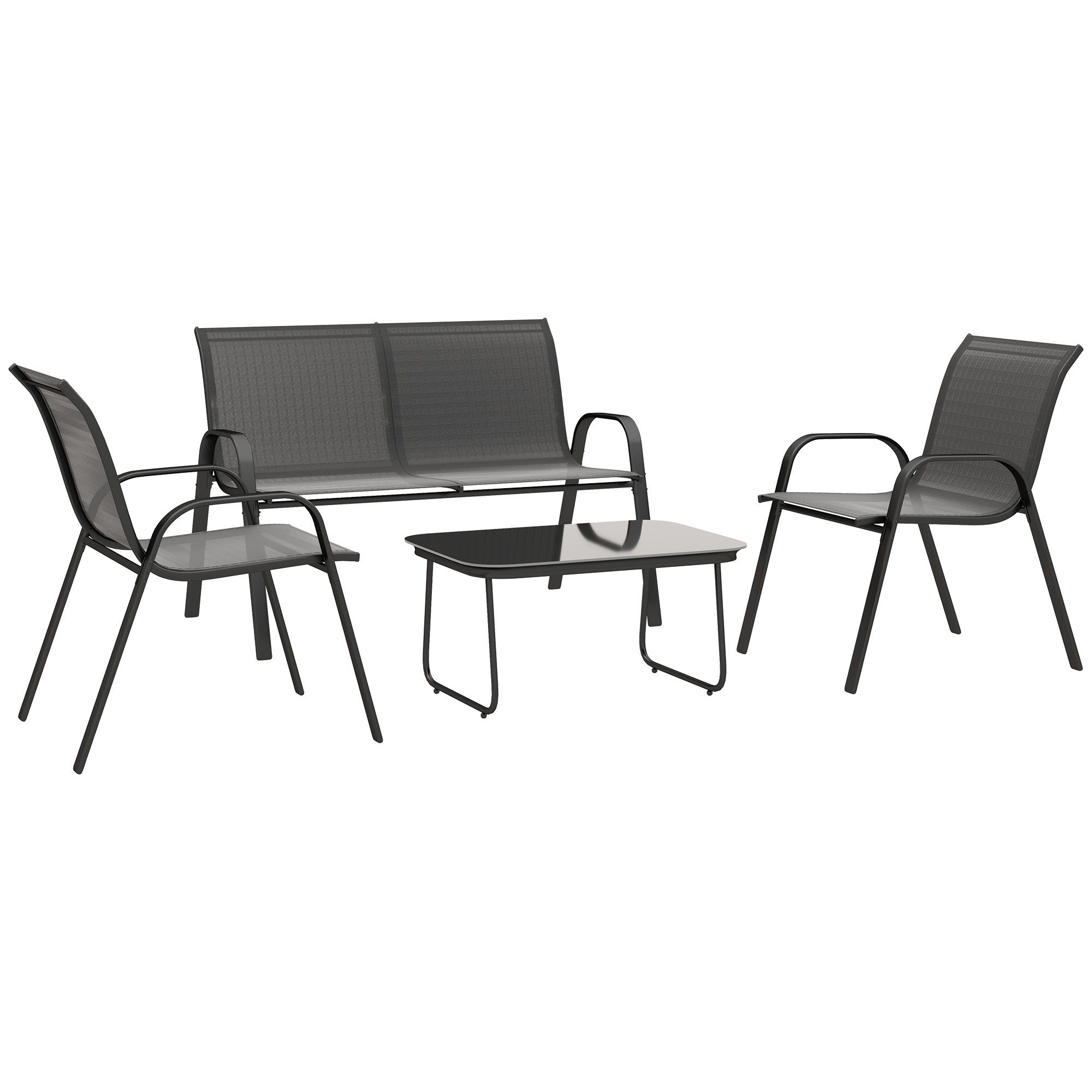 Garden Set with 2 Seater Sofa, 2 Stackable Armchairs and Glass Coffee Table, Black