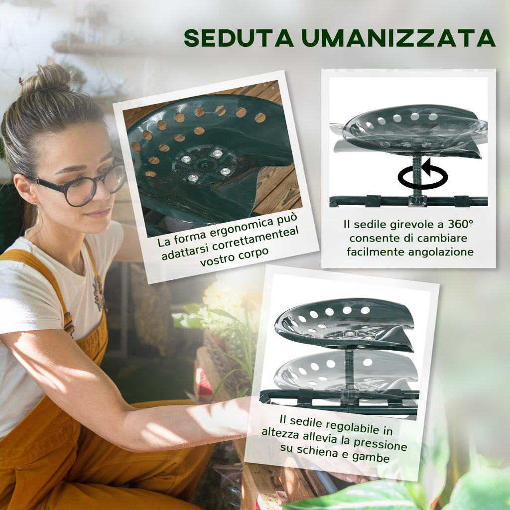 Outsunny Garden Cart with Adjustable Seat and Bottom Tray, Steel and PP, 83x36.5x45-60 cm, Dark Green