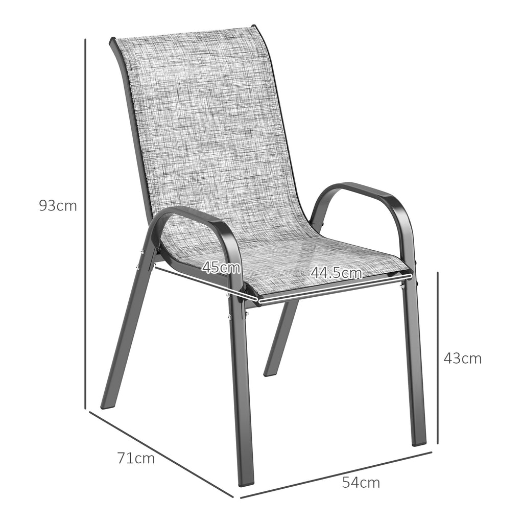 Outsunny Set of 4 Stackable Garden Chairs with Curved Armrests, in Steel and Breathable Fabric, 54x71x93 cm, Grey