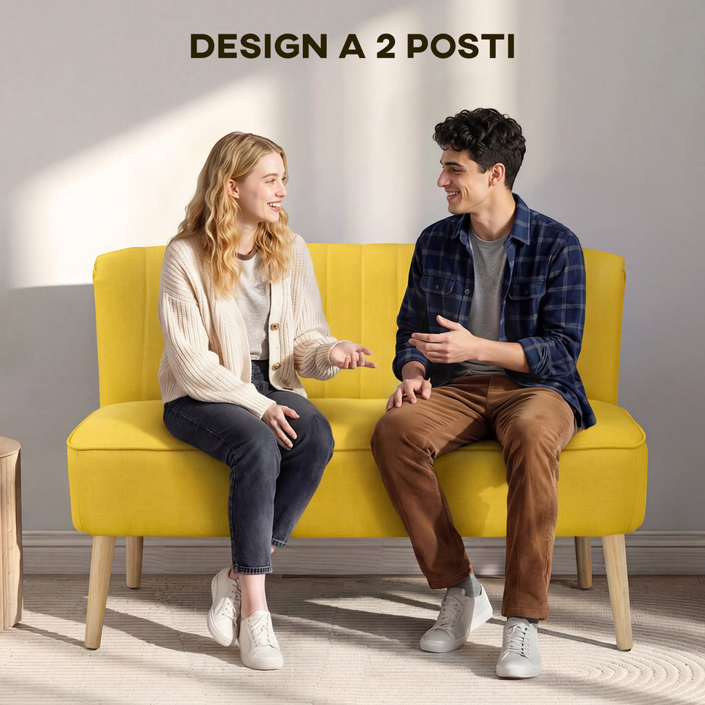 2-Seater Sofa in Linen-Effect Fabric without Armrests with Wooden Legs, 117x56.5x77 cm, Yellow