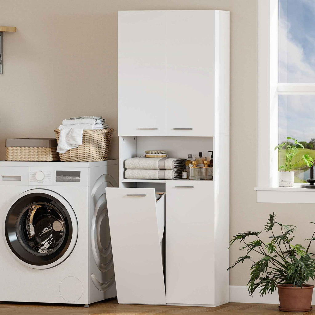 HOMCOM 2-Door Bathroom Cabinet with Drop-Leaf Laundry Basket and Open Shelf, 60x30x174 cm, Wood, White
