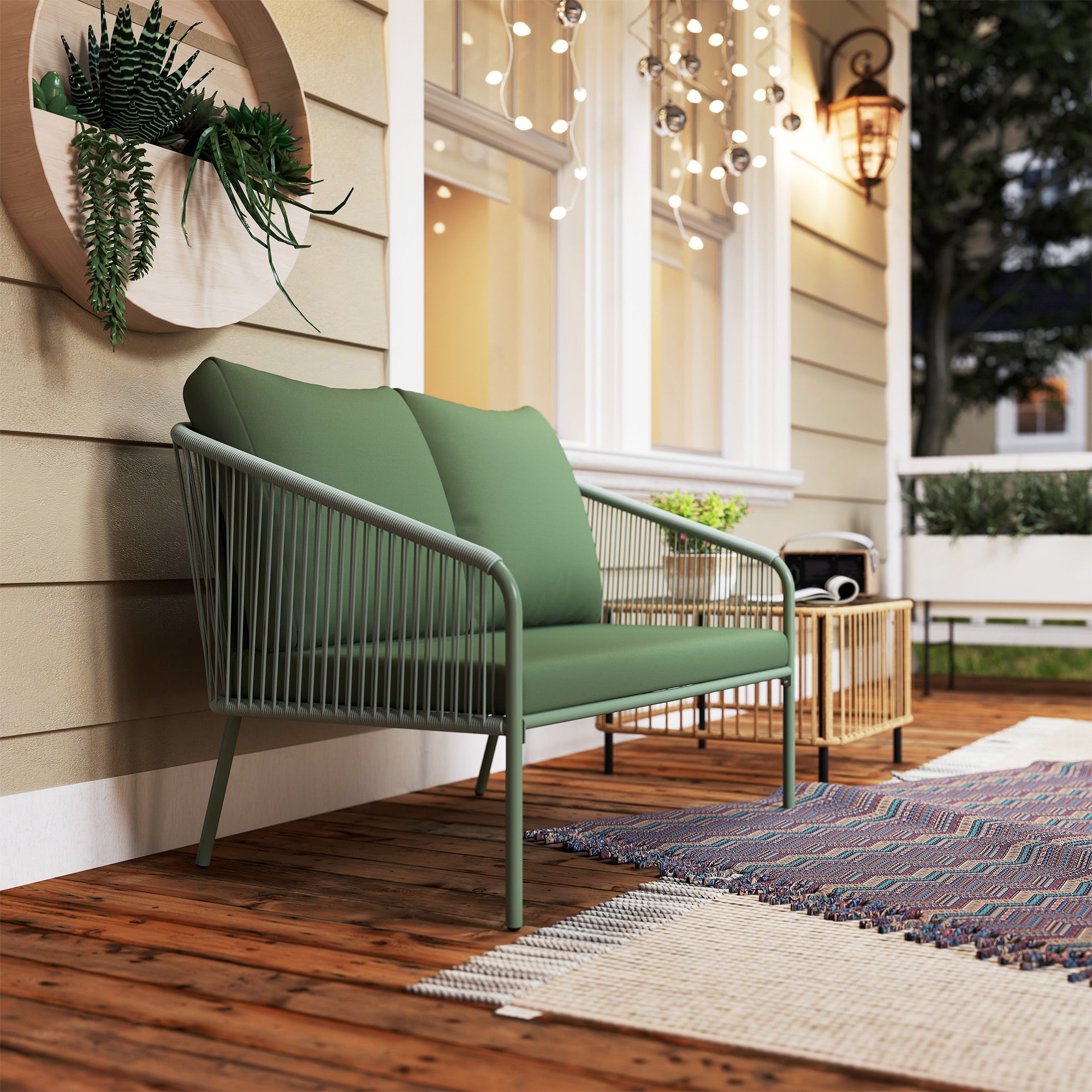 2 Seater PE Rattan Garden Sofa Boho Style with Removable Cushions and Armrests, Green