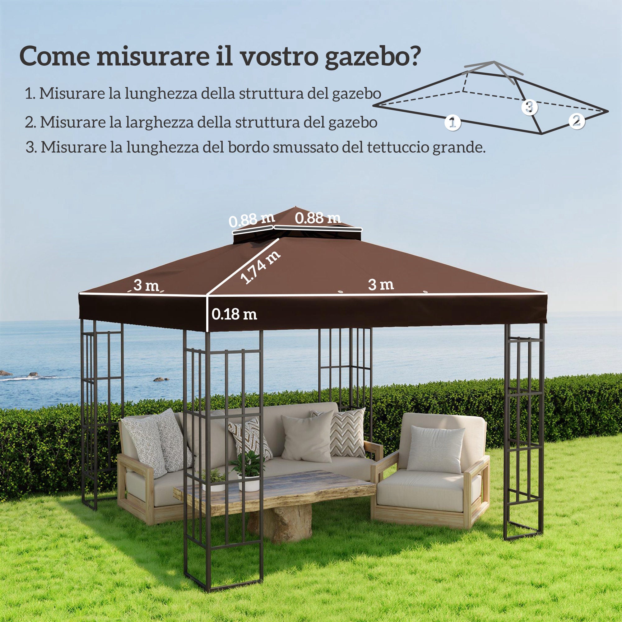Outsunny 3x3m UPF30+ 2-Tier Coffee Polyester Garden Gazebo Cover