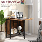 Foldable Table with 6 Wheels and Shelf Industrial Style Wood and Metal, Rustic Brown